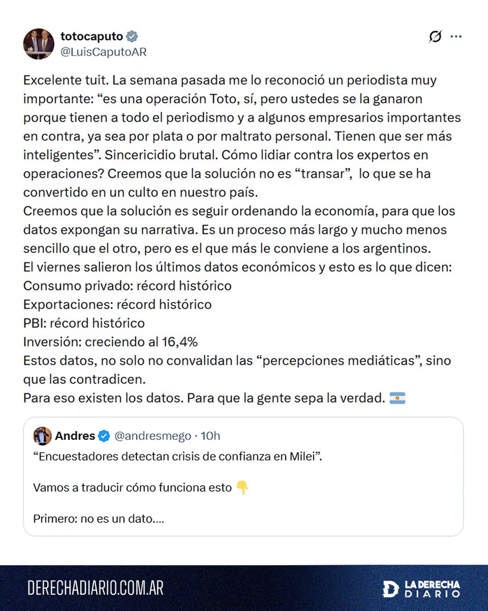 🚨🇦🇷 | EXCELENTE: El ministro "Toto" Caputo explotó contra los operadores mediáticos tras conocerse los récords históricos que registró la economía argentina durante 2025.

"Creemos que la solución es seguir ordenando la economía, para que los datos expongan su narrativa...
Estos