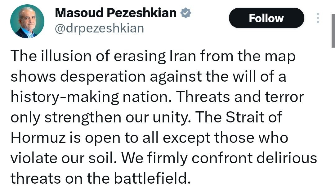 PressTV's tweet photo. Pezeshkian: The Strait of Hormuz is open to everyone except those who violate our territory

Follow: https://t.co/B3zXG73Jym https://t.co/P3pkmj6L0Y