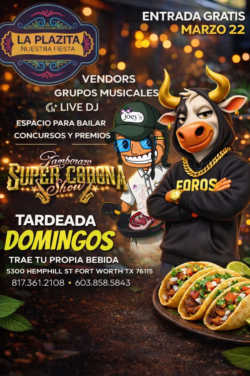 FOROSCRYPTO's tweet photo. 🚨 $FOROS x LA PLAZAZITA NUESTRA FIESTA 🚨  

Entrada GRATIS este DOMINGO 22 de MARZO en 5300 Hemphill St, Fort Worth, TX 76115! 
3pm-9pm

VENDORS, grupos musicales, LIVE DJ, espacio para bailar, concursos y premios. Trae tu propia bebida y ven a disfrutar.  

Joey's Steak Wings & Waffles se une al bull — $FOROS community supporting local Texas flavor.  

Super Corona Show + Tamborazo + more surprises. Tacos, vibes, and golden bull energy all day!  

@joeysss__  

#FOROS #FOROSCrypto #FortWorth #Texas #Stockyards #TCU #HempHill #Southside #LaPlazita #NuestraFiesta #SuperCoronaShow #Tamborazo #Vendors #LocalBusiness #SupportLocal #TexasGrit #Crypto #Memecoin #Solana #HODL #NoRugs #CommunityFirst   😤🤠