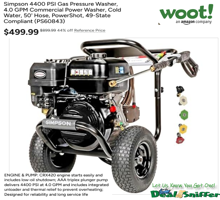 dealsniffer's tweet image. 🏠 44% OFF Simpson 4400 PSI Gas 4.0 GPM Commercial Power Washer 🚿
mavely.app.link/gOUzvzZCI1b 🔗
#pressurewashing #pressurewasher #cleaning #woot