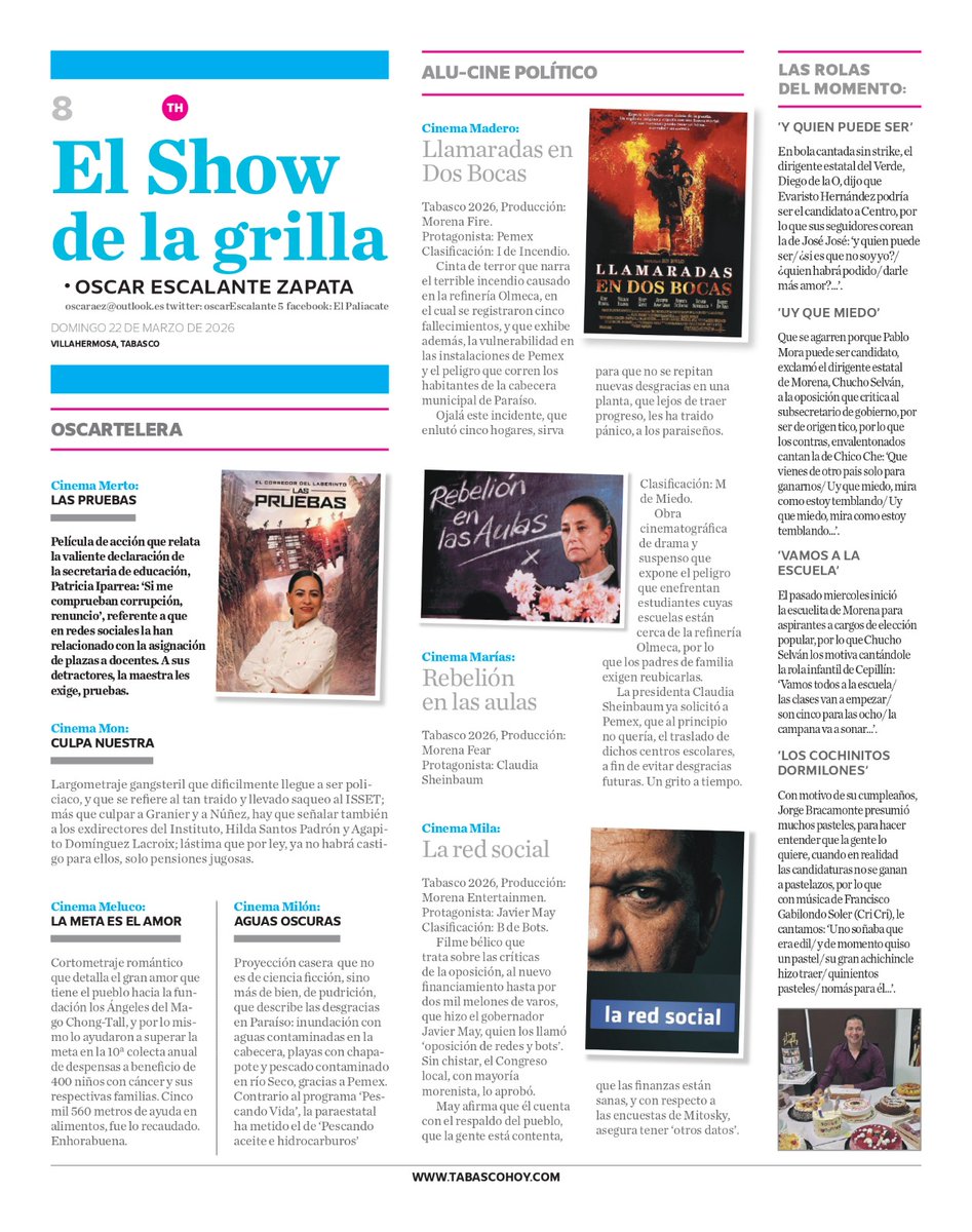 Buen día, les comparto la página de humor político 'El Show de la Grilla' en <a href="/TabascoHOY/">Tabasco HOY</a> domingo 22 de marzo de 2026.