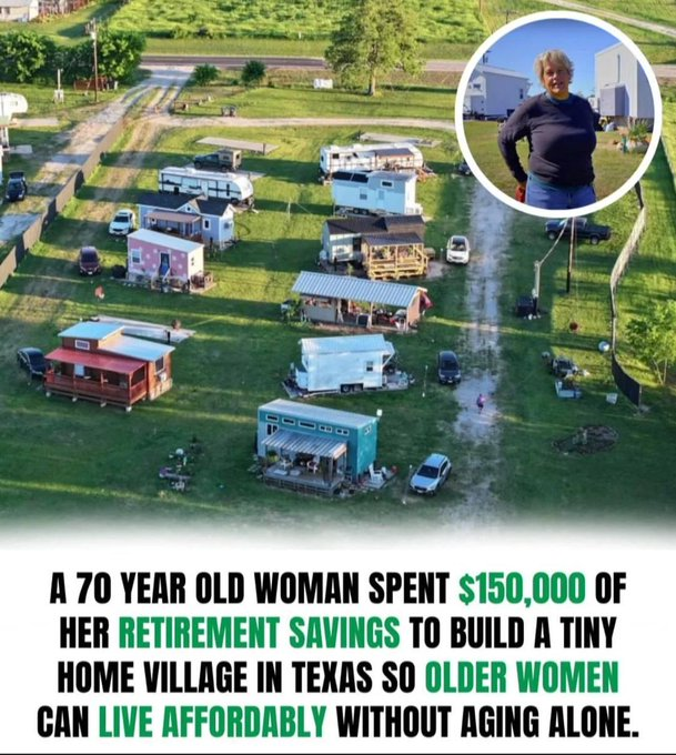 Rainmaker1973's tweet photo. Robyn Yerian in Cumby, Texas, invested $150,000 from her retirement savings to develop a 5-acre property into an all-women tiny home community called The Bird's Nest. https://t.co/2pV0XWvOGQ