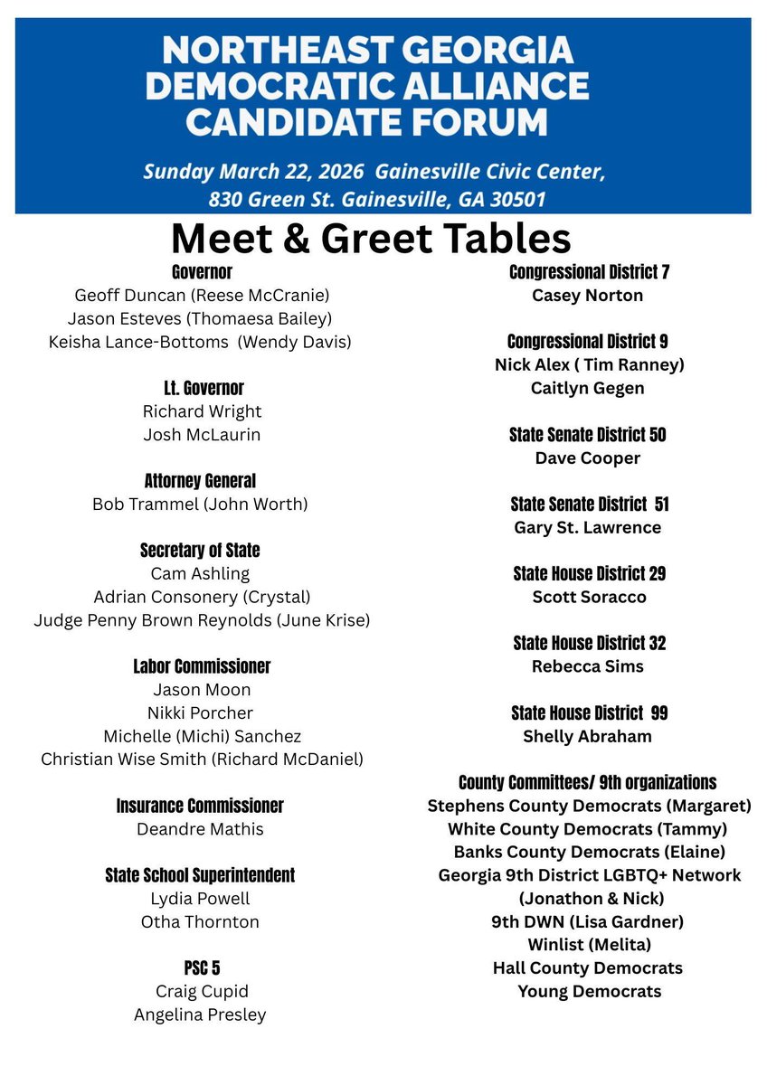 deandreforga's tweet photo. I’m in Gainesville today, Sunday, March 22, 2026!
Join me at the Northeast Georgia Democratic Alliance Candidate Forum. https://t.co/uFyWrkXiic