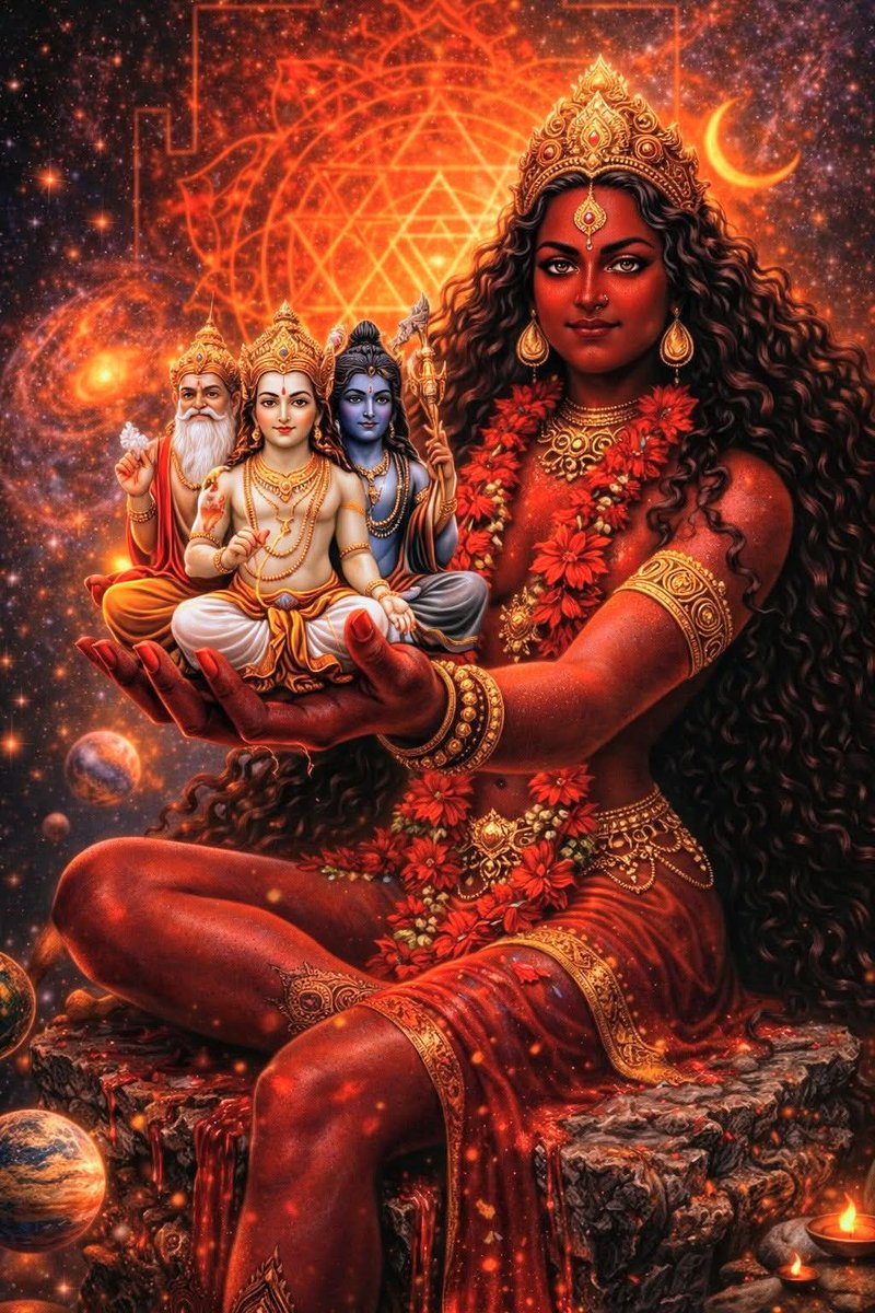 Maa Adi Shakti carrying Brahma, Vishnu, and Shiva symbolizes the supreme truth that the Divine Mother is the ultimate source of all cosmic powers and deities. As the primordial energy from which the universe arises, Adi Shakti is the शक्ति behind creation, preservation, and