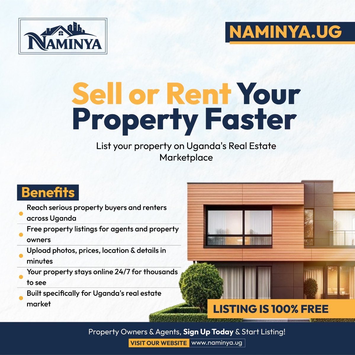 NaminyaUg's tweet photo. Olinayo ennyumba oba plot?
Do you have a House or Land you want to SELL or RENT out?

It's Now Easy, List it on Naminya.
Don't let your Property or Rentals sit around when there are Buyers and Tenants looking for it.

Download the Naminya app or visit our website to Get Started.