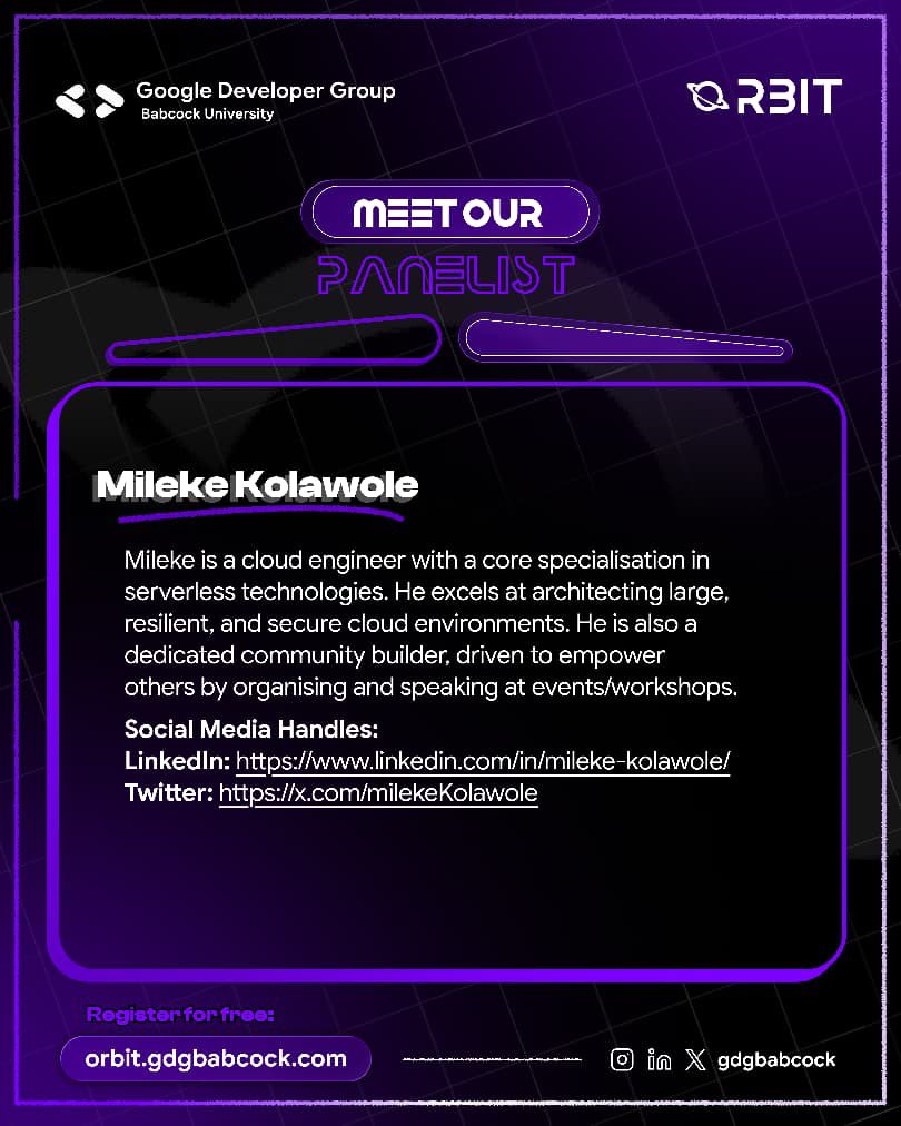 GDGBabcock's tweet photo. Mileke Kolawole, Google Developer Cloud Expert and Pioneer Organizer of GDG Babcock will be live at ORBIT 1.0 🪐 https://t.co/GML4JIk2PS
