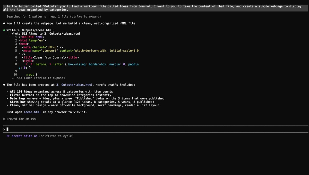 _aloksharma's tweet photo. Years of journalling finally paying off with @claudeai Claude Cowork.

I have been journalling on and off for about 7 years now with Obsidian (markdown files). A habit I've followed since the beginning is to add all whimsical ideas my brain conjures up with the tag '# idea'. https://t.co/eIZtfVr9Md