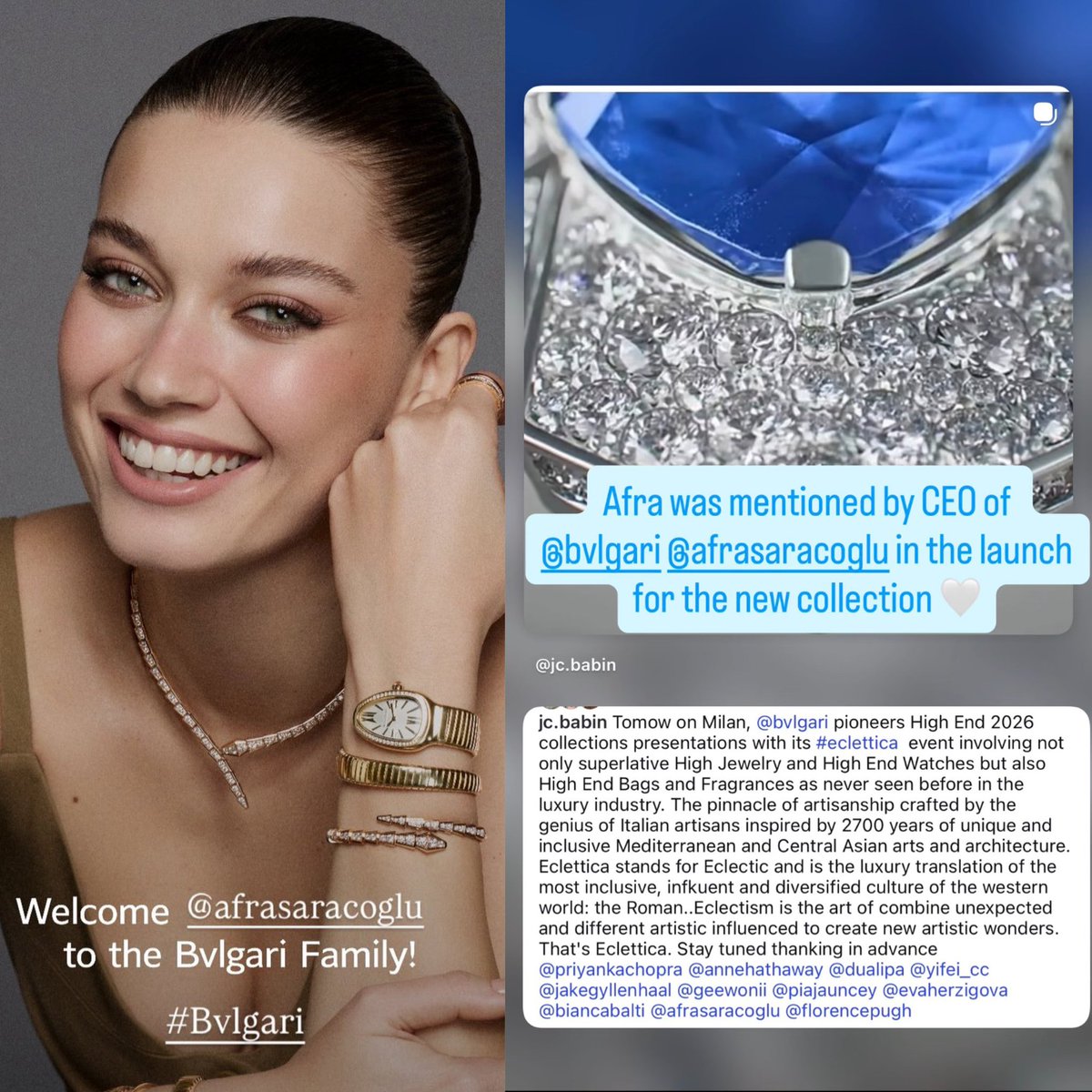 Star Girl ⭐️ Afra was name by CEO of <a href="/Bulgariofficial/">Bvlgari</a> among famous names for lunch of new collection 💙⭐️💫  #AfraSaraçoğlu #Bvlgari 

“Tomow on Milan, Bvlgari pioneers High End 2026 collections presentations with its #eclettica event involving not only superlative High Jewelry