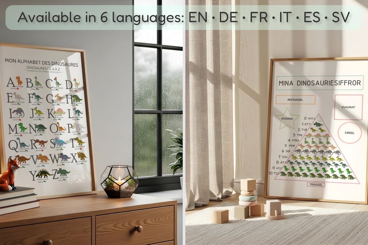 Lizardprintable's tweet photo. Nursery decor + learning combined 🦖✨
Printable dino posters in 6 languages: EN/DE/FR/IT/ES/SV
Link in bio 👇
https://t.co/vyUpUqA5sT
#nurserydecor #kidsroomdecor #printablewallart #montessoriathome #homeschool #kidslearning #classroomdecor #dinosaurlover https://t.co/8TzR3Fny5Y