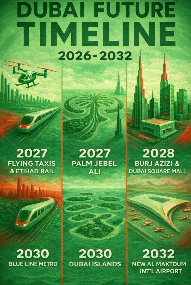 Dr_BuAbdullah's tweet photo. Some cities plan for the future. Dubai builds it. 🇦🇪

While many global cities are still discussing long-term urban strategies, Dubai continues to move forward with large-scale projects that will define the next decade of infrastructure, mobility, and lifestyle development.

Here are a few key projects shaping Dubai between 2026 and 2032:

✈️ Flying Taxis & Etihad Rail (2027)
 A new era of mobility combining urban air transport with a nationwide rail network, transforming how people travel across the UAE.

🌴 Palm Jebel Ali (2027)
 A mega waterfront development twice the size of Palm Jumeirah, setting new standards for coastal living and luxury real estate.

🏙️ Burj Azizi & Dubai Square (2028)
 A new architectural landmark rising alongside one of the largest retail and entertainment destinations in the region.

🚇 Dubai Metro Blue Line (2030)
 An important expansion of Dubai’s public transport network, connecting new communities and supporting long-term urban growth.

🏝️ Dubai Islands (2030)
 Five interconnected islands designed to strengthen tourism, hospitality, and waterfront lifestyle experiences.

🛫 Al Maktoum International Airport (2032)
 Planned to become the largest airport in the world, anchoring Dubai’s future as a global aviation and logistics hub.

Dubai’s approach has always been clear:
build infrastructure first, create ecosystems second, and let the city grow around them.
The future here isn’t something to wait for —
 it’s something being built today.
