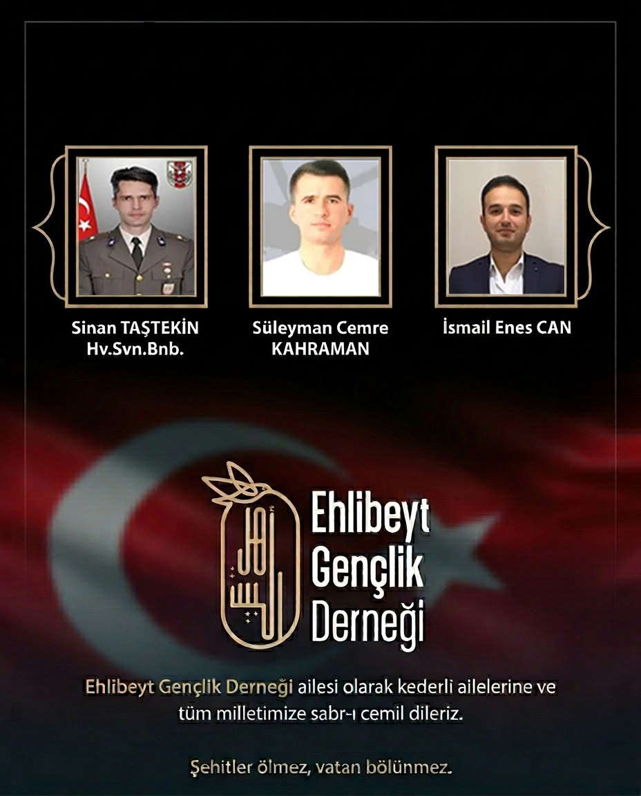 EhlibeytGenclik's tweet photo. Milletimizin başı sağ olsun. Aziz şehitlerimize Yüce Allah’tan rahmet; ailelerine, silah arkadaşlarına ve tüm milletimize sabır ve metanet diliyoruz.

Ruhları şad, makamları âli olsun. https://t.co/DXZtU9BvqY