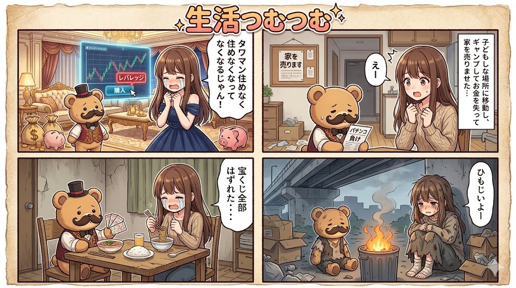 emptiness501's tweet photo. @relac_ma 
逆張り生活詰む詰む
１．レバレッジでクマの人が金を購入資産を溶かす
２．パチンコでクマの人が給料を溶かす。
３．クマの人が借金して宝くじに全振り　全部外れる
４．賃貸を追い出されてホームレスに💦 https://t.co/ELlkpMI6rp