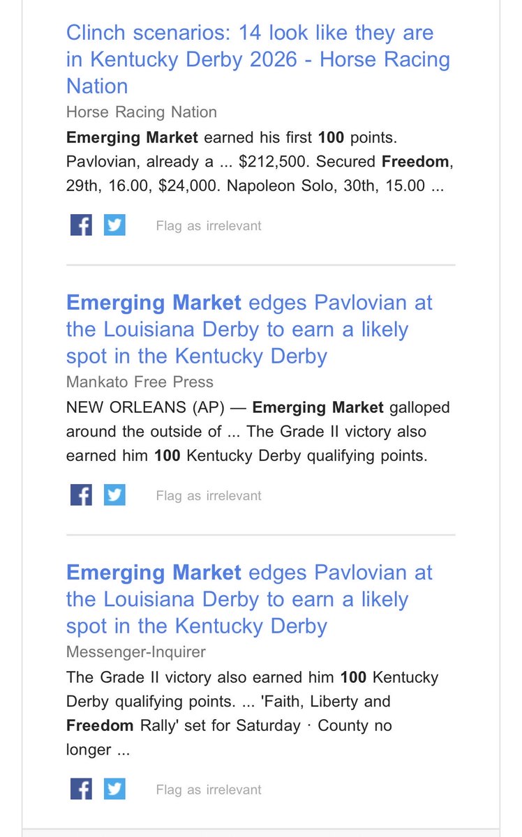 Perth_Tolle's tweet photo. Somebody named their horse “Emerging Market” and now I’m getting Google alerts about their chances at the Kentucky Derby 🐎 

cc: ⁦@kgreifeld https://t.co/bOxWHO2XEs