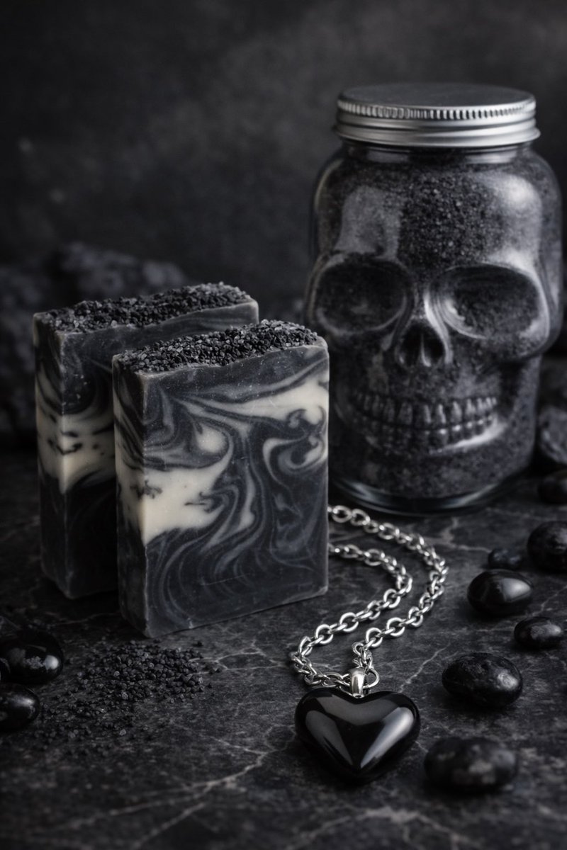 fireheart1975's tweet photo. 🖤 Includes: 1 Skull Jar “Midnight Veil” Detox Milk Bath (8 oz), 2 Obsidian Silk Charcoal Milk Soap Bars, and obsidian heart shaped necklace on a silver chain.

Light a candle. Run the water. Let the world fall away.
 
#handmade #ritual #bath #soap #obsidian #witchy #obsidian https://t.co/mqMaHaJsPM