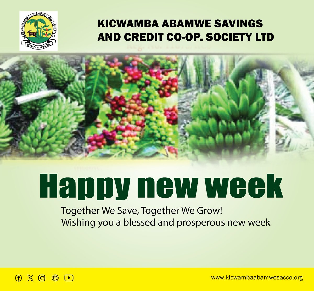 Kabamwesacco's tweet photo. Wishing you a productive and blessed new week! Thanks for trusting Kicwamba Abamwe SACCO LTD with your financial journey. Let's achieve our goals together! Have a great week ahead! ๐"
#Bikiiranyensya
#Saveforthefuture https://t.co/0bGDxlHJaZ