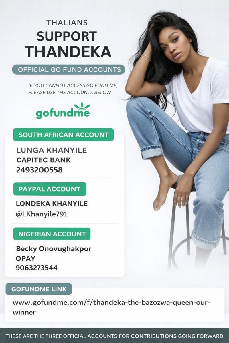 For those who are unable to utilise the GoFundMe link, kindly use the alternative accounts provided. Thank you🇮🇹❤️

#ThandekaTshabalala
#BBMzansiS6