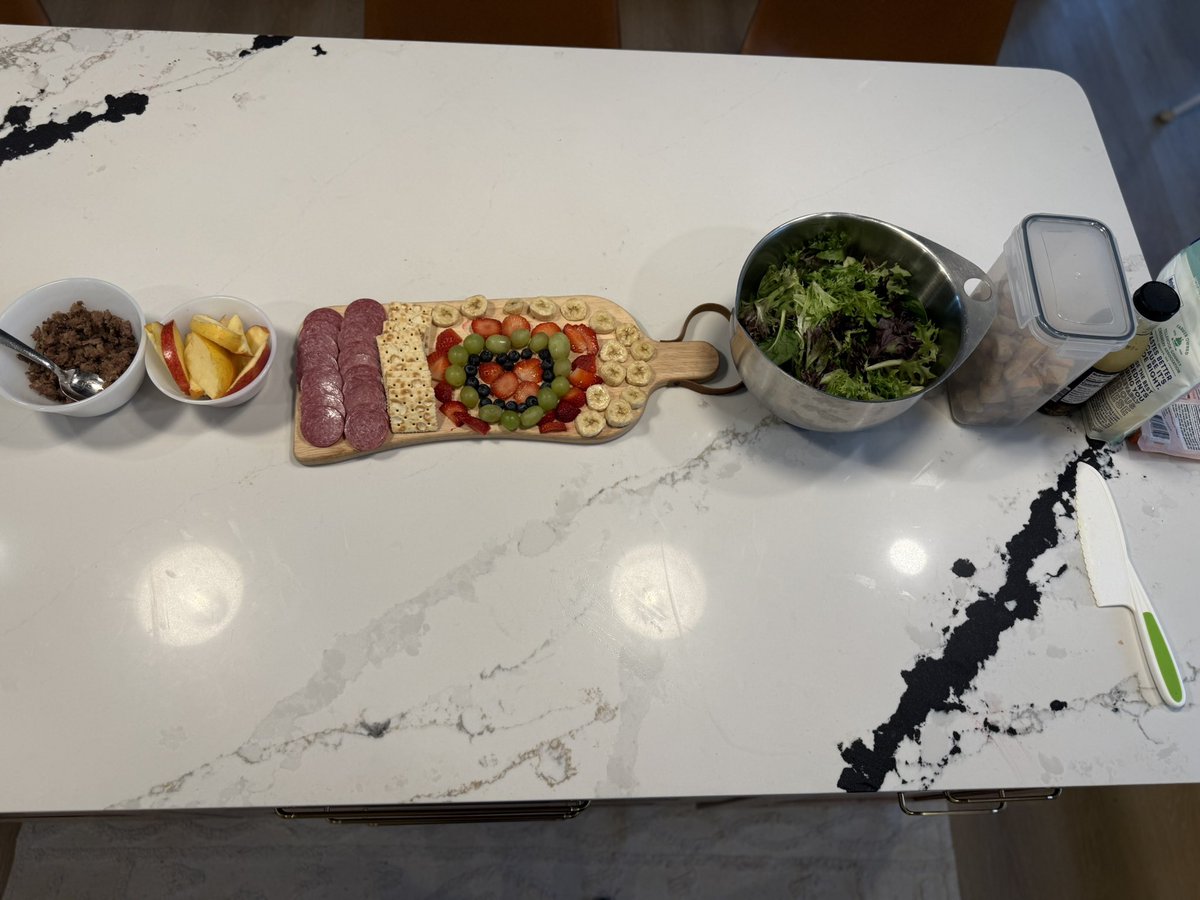 jon_mcleonard's tweet photo. My girls decided to make “dinner” tonight. Nothing like sausage, apple, fruit charcuterie? and salad. https://t.co/ulM5uTStXC