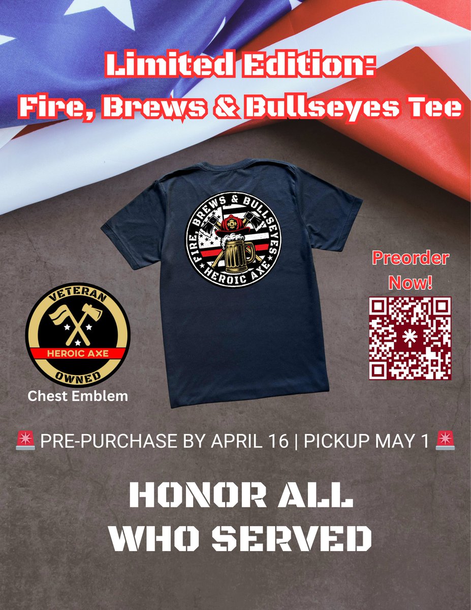 Heroic_Axe's tweet photo. 🔥 LIMITED EDITION TEES + HERO APPRECIATION 🚒🚑

Don’t just show up—show your support.
Our Fire, Brews &amp; Bullseyes shirts are now available for pre-order, and they’re the perfect way to honor the heroes who run toward the flames. 🔥

👕 Pre-order by April 16
📦 Pick up starting https://t.co/izRwnKBRf5