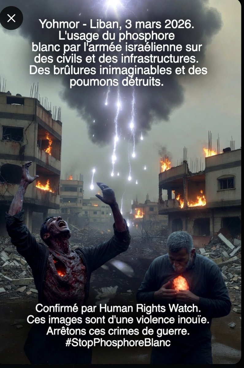 MarcMauco's tweet photo. Phosphore blanc sur des habitations au #Liban ! @hrw confirme : #Israël l’utilise illégalement à #Yohmor (3 mars 2026). 
Brûlures horribles, poumons détruits, civils en danger.
Assez de ces #crimes de #guerre !
Un jour viendra où vous devrez rendre des comptes au monde !!!!

#StopPhosphoreBlanc #guerre