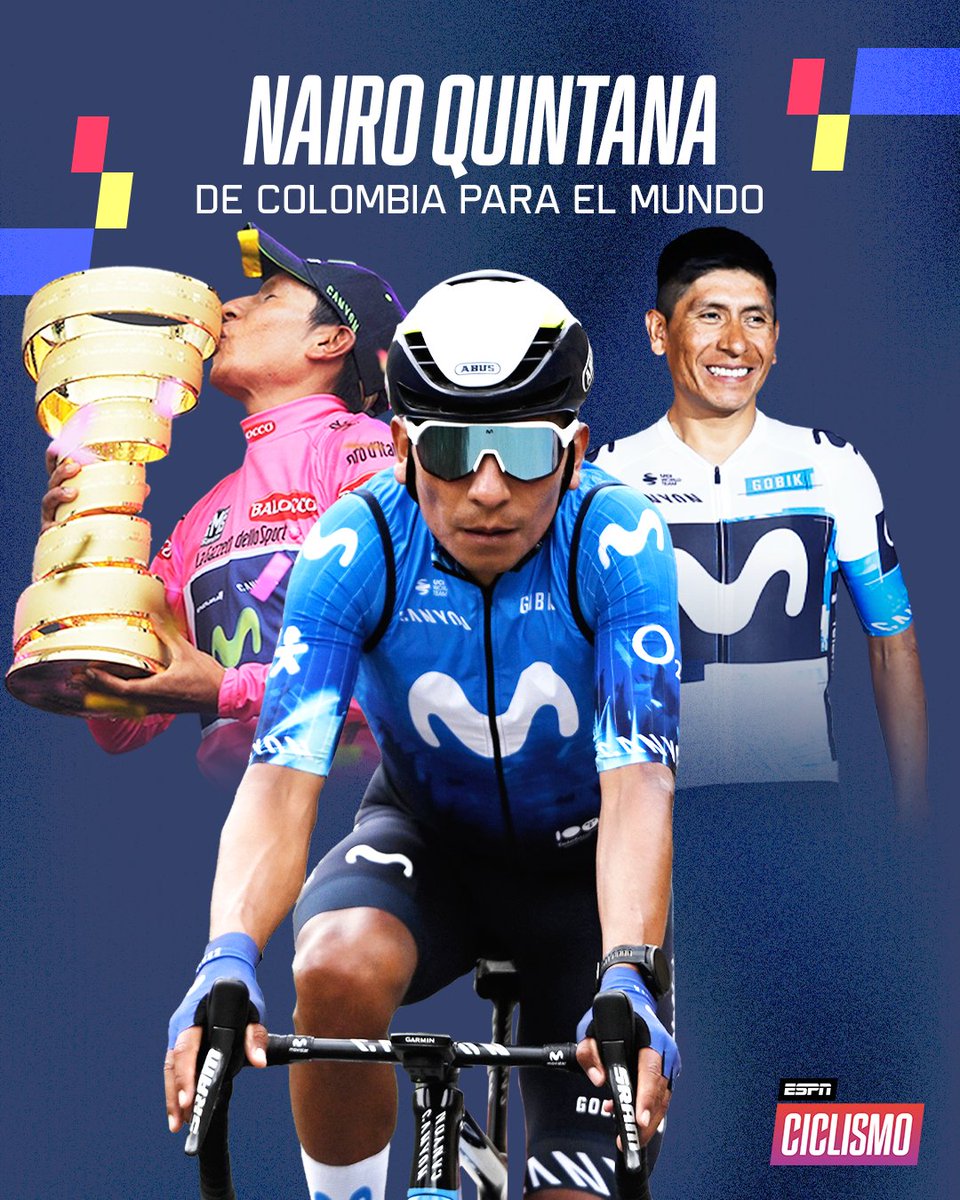 ESPNCiclismo's tweet photo. ¡17 AÑOS DE CICLISMO! Nairo Quintana dejará una huella imborrable. 🇨🇴❤️👏

Grandes logros de Nairoman:

- Campeón Giro de Italia 
- Ganador de La Vuelta
- 2 Podios en el Tour de France 
- Ganar etapas en las tres Grandes Vueltas
- Ganar Tirreno Adriático y Tour de Romandía
- 11 años seguidos con al menos un triunfo en el WT