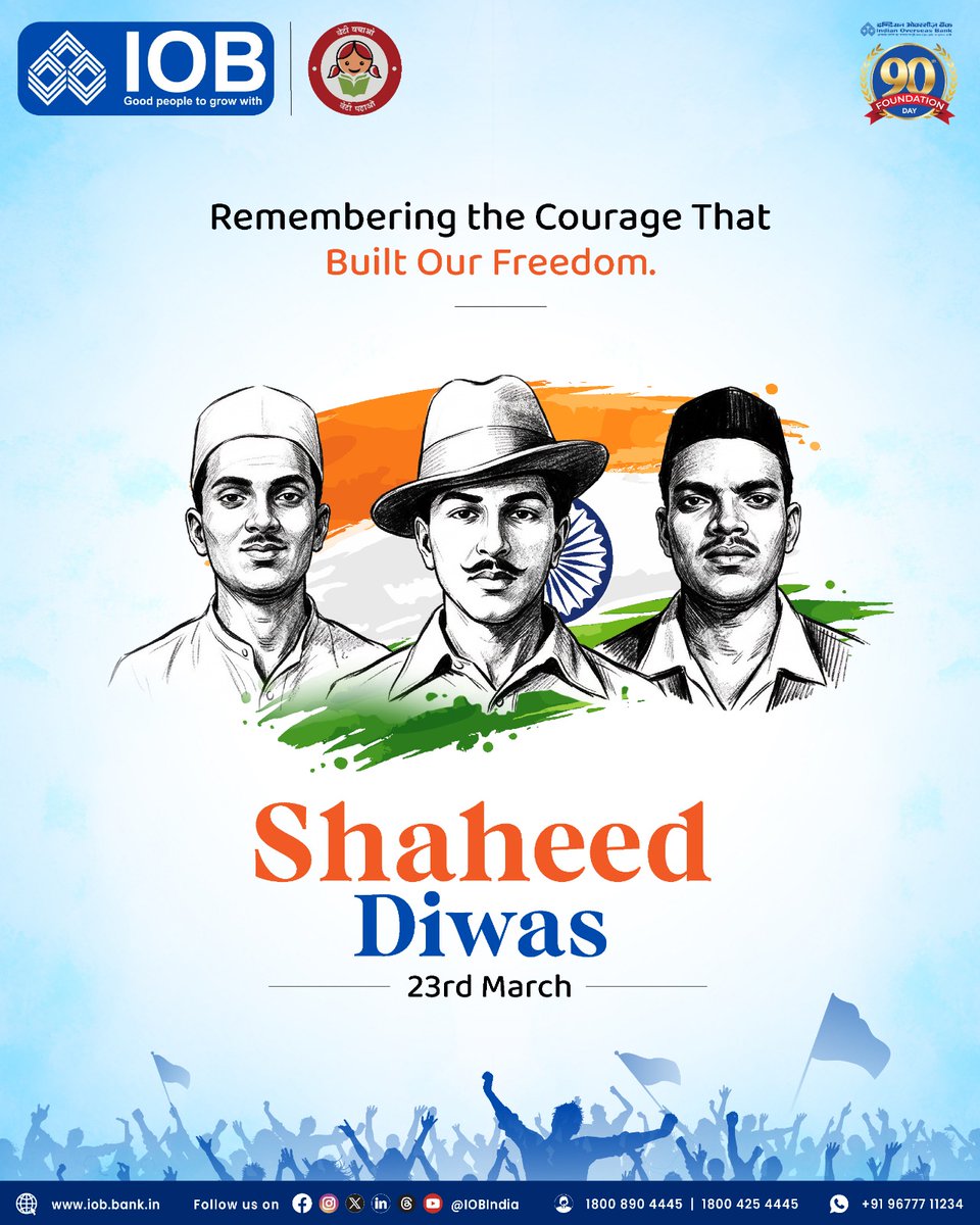 IOBIndia's tweet photo. On Shaheed Diwas, we pay tribute to the heroes who laid down their lives for our nation. Their courage and sacrifice inspire us to uphold the values they fought for.
#ShaheedDiwas #RememberTheBrave #IOBIndia #TributeToHeroes #HonoringSacrifice #DFS #RBI #GoodPeopleToGrowWith #IOBForYou