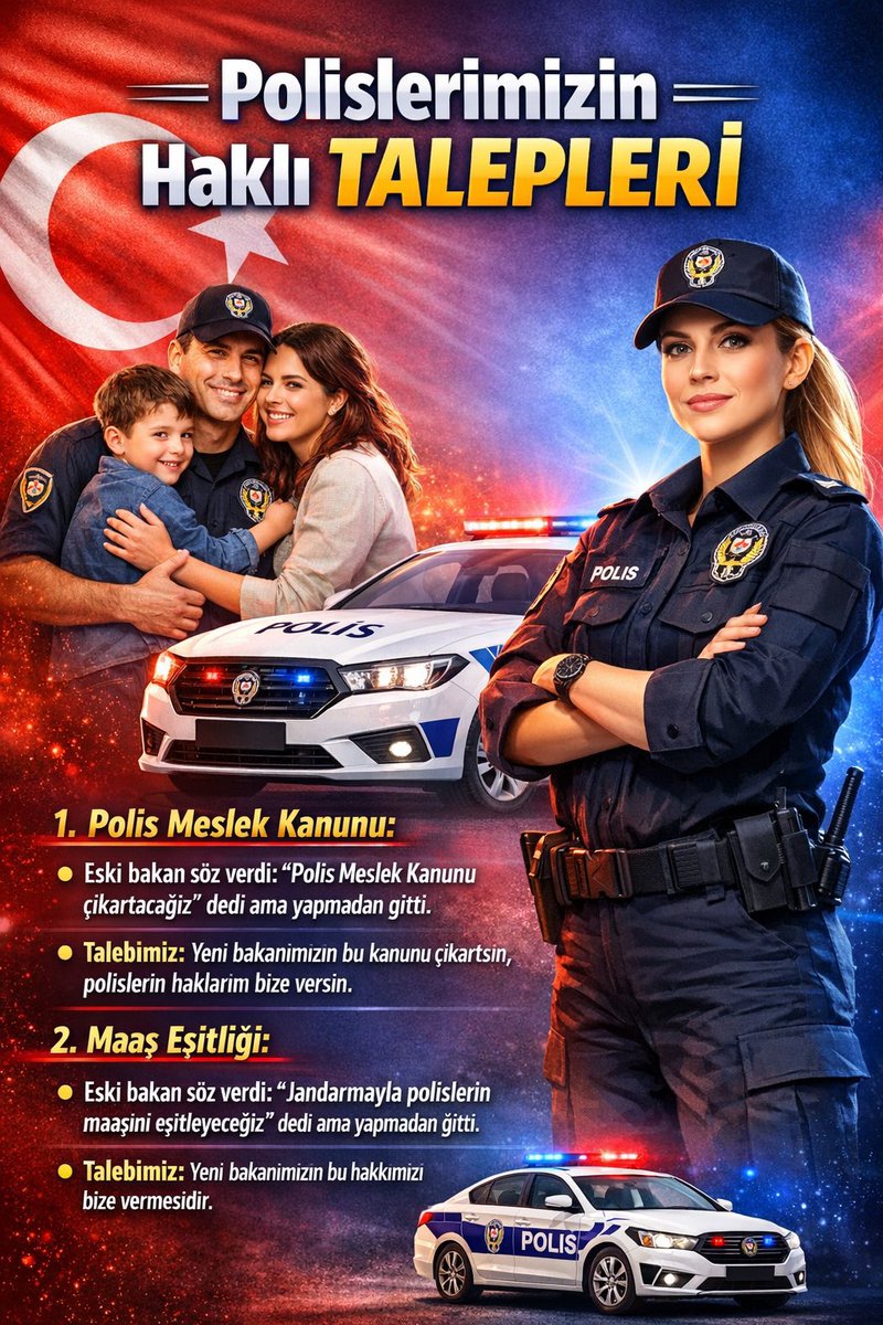 ✅ EMNİYET PERSONELİNDEN 7 MADDELİK TALEP! 

ÖNE ÇIKAN TALEPLER
▪️ Maaşlarda iyileştirme
▪️ Polis Meslek Kanunu çıkarılması
▪️ Sendika hakkı
▪️ Fazla mesai ücreti
▪️ Gece çalışma tazminatı
▪️ 12/36 çalışma sistemine yasal güvence
▪️ 25 yılda emeklilik hakkı

#PolisiYaşatın