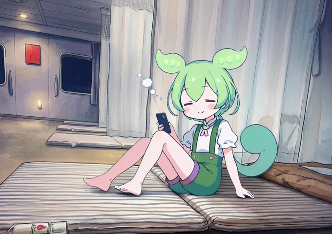 ふたたび西へ、なのだ 今日の便はすこしゆれゆれなのだ。 たまに遠くからとどく電波を拾いながら、貸し切りのおへやで雑魚寝なのだ。