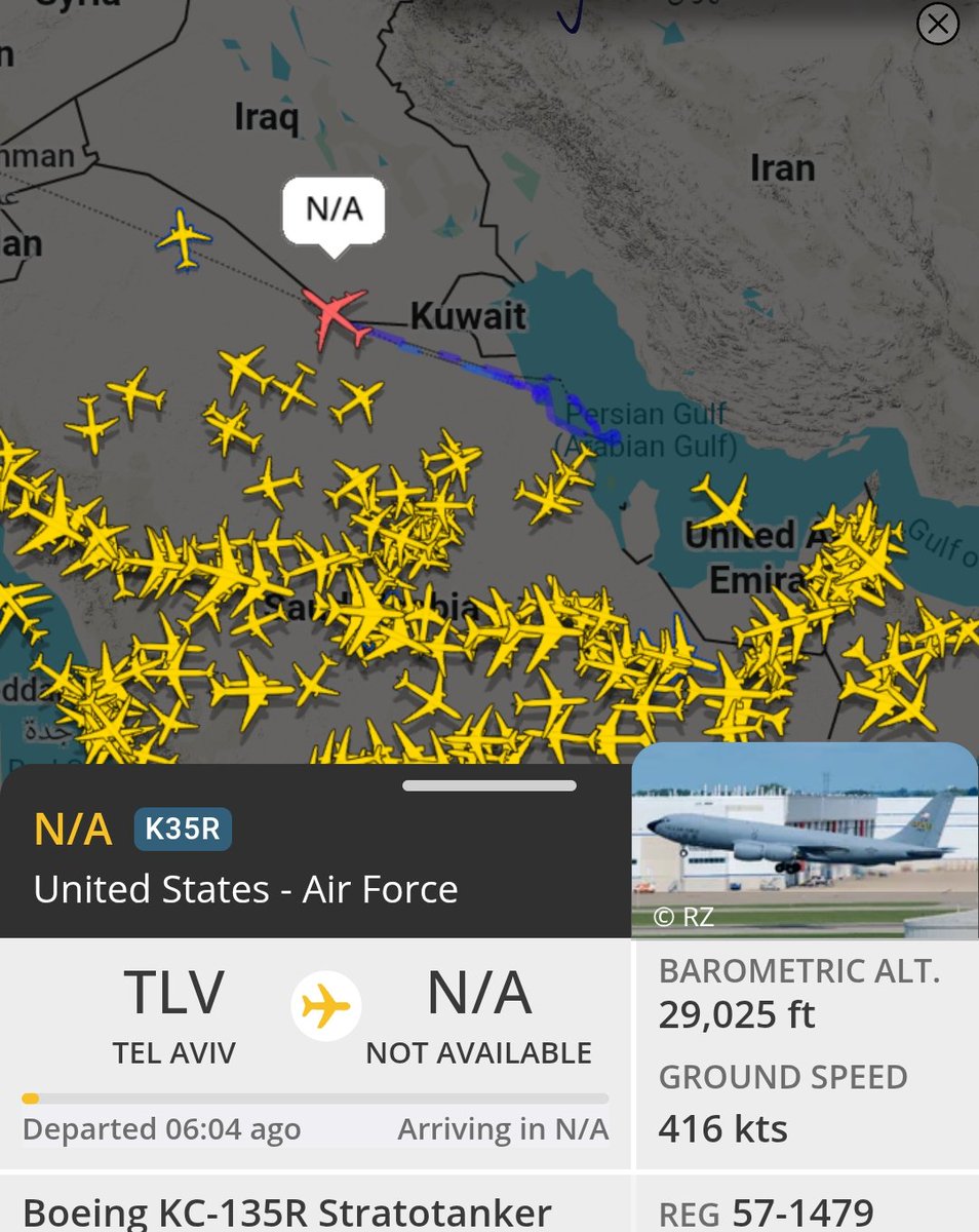 So two refueling aircraft of the US Air force over the Persian Gulf. Normally a B2 Bomber needs frequent refuelling mid air. All pointing for a large air strike tonight on Iran