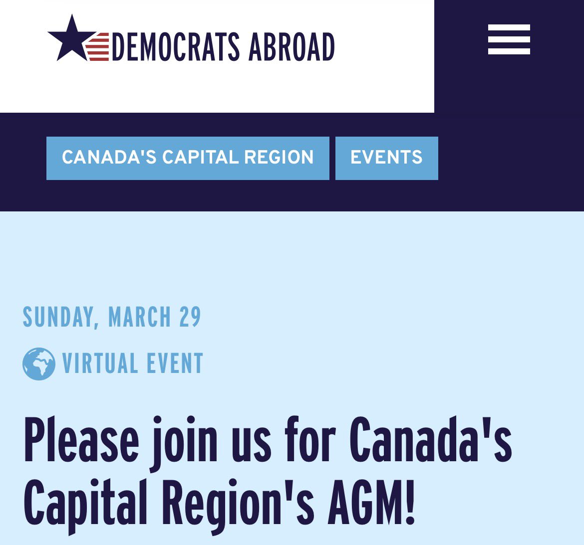 DemsAbroadCan's tweet image. Please join #DemsAbroad Ottawa - Canada's Capital Region for their Annual General Meeting. They’ll review 2025, and talk about what’s coming in 2026, and what you can do to help create a #bluewave in the midterms.
Sunday, March 29, 7PM ET on Zoom
democratsabroad.org/racheleugster/…
