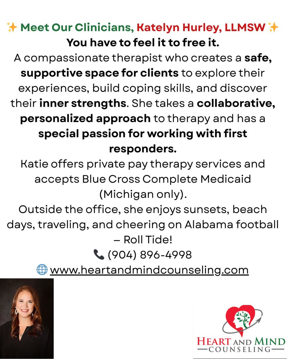 HeartandMindCo1's tweet photo. Meet Katelyn (“Katie”), a compassionate therapist.
Special interest in supporting first responders.

📞 (904) 896-4998
🌐 https://t.co/BT5INOqrJQ

#MentalHealth #TherapySupport #MichiganTherapist #FirstResponderSupport https://t.co/kqfS6tn7qt