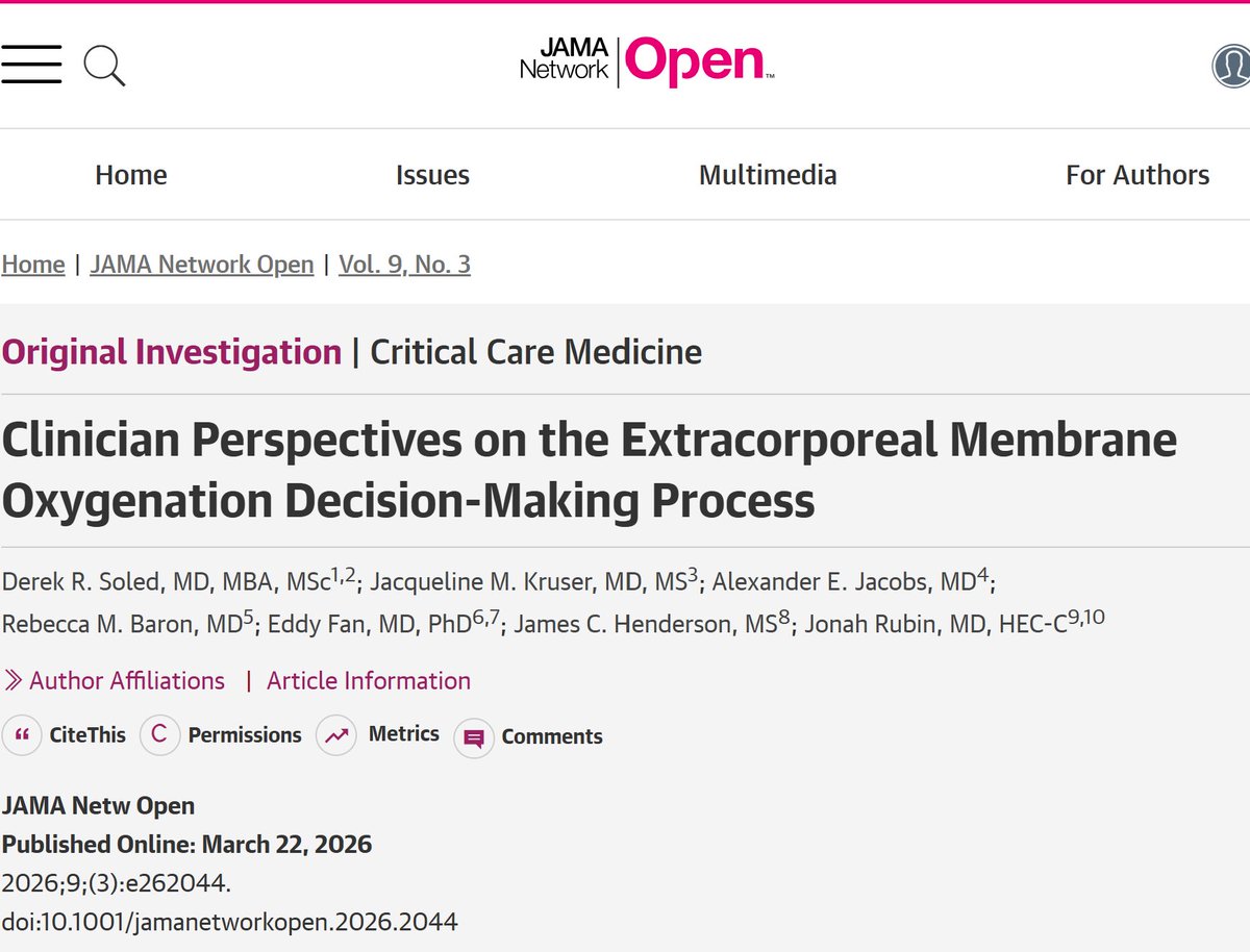 JonahRubinMD's tweet image. Latest from our lab (bit.ly/rubin-lab) in @JAMANetworkOpen released at #SCCM2026:

Deep dive ECMO decisions:

✴️Age/BMI/vent duration means diff things to diff ppl
✴️Biases/heuristics/culture matter
✴️Contraindications are flexible
✴️We can improve

ja.ma/4uKefLY