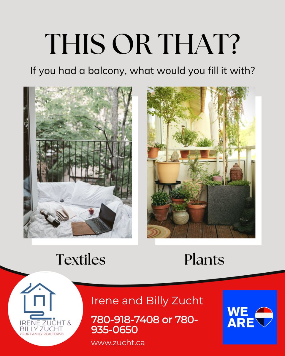 Bzucht's tweet image. Imagine what your ideal balcony arrangement would look like.

Would you go for comfy textiles for lounging or opt for a fresh, green oasis with plants?

#fortsask #yegre #remaxelite #forsale #matterport #realtor
