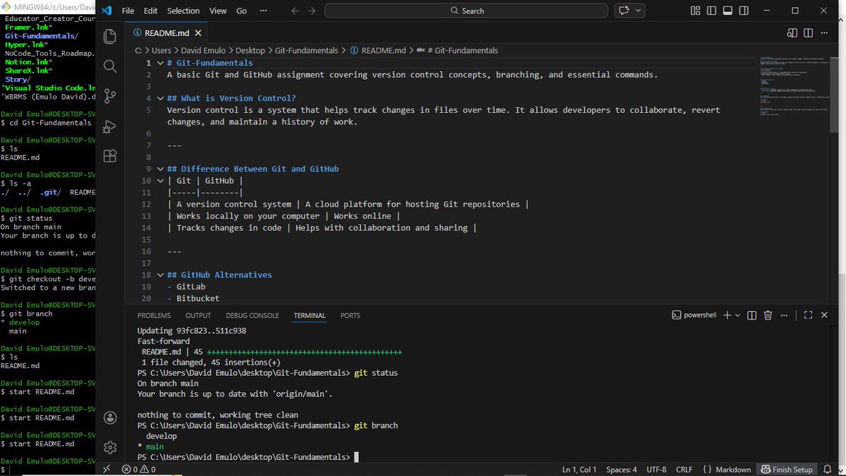 DavidEmulo's tweet photo. As a Product Designer, I have spent years thinking about user experience.
Now I am learning how to build what I design.

Week 2: Git and version control • branches (main and dev) • tracking changes • README updates via terminal

Design → UX Engineering 
#BuildInPublic #UX https://t.co/eXPoNye6lv