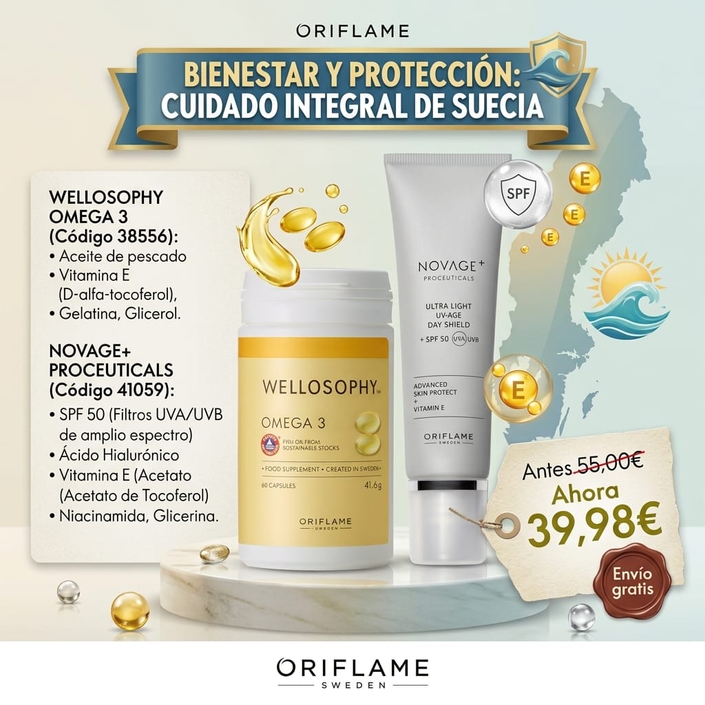 Lleva el cuidado sueco a otro nivel! 🇸🇪✨

Protección total con el dúo infalible de Oriflame: 

•🐟 Omega 3 Wellosophy: Salud para tu corazón y cerebro. 🧠❤️ ☀️

 •Novage+ Proceuticals SPF 50: Escudo antiedad 🛡️💧

👇 Cómpralos aquí: 
🔗 es.oriflame.com