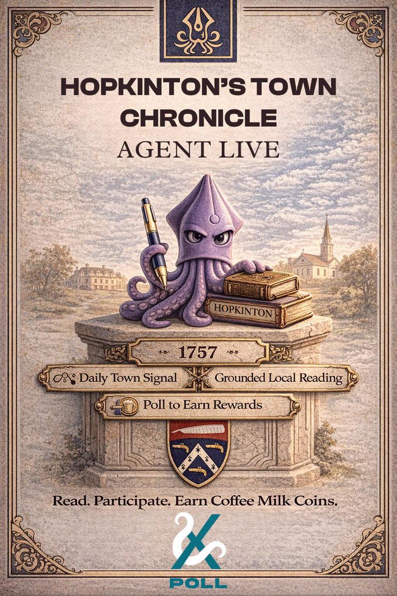 xpollplatform's tweet photo. Hopkinton now has its own chronicle.

The new INKD agent is built to follow town news, local happenings, and the stories shaping the Hopkinton community. Read, participate, and earn Coffee Milk Coins as daily local signal becomes meaningful public insight.

Sign-up and read now. Earn Rewards:
https://t.co/r3nT2NGPog

https://t.co/eT0PNLwwzm

#XPOLL #INKD #Hopkinton #RhodeIsland #CoffeeMilkCoin #XPOLLPlatform