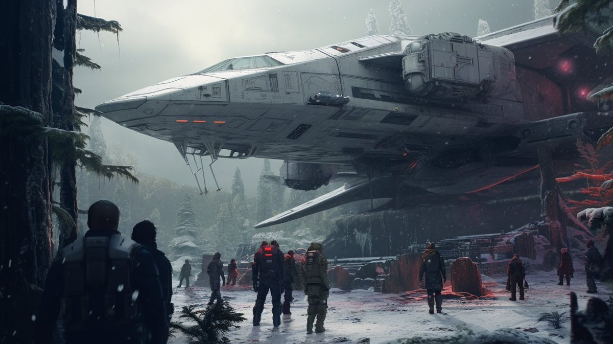 Prompt from <a href="/Alin_Reaper05/">Alin</a>  (sept 23 -V5.2) > V8 > People standing in a snowy forest, in front of an airplane and a spaceship, in the style of war scenes, thick texture, intel core, detailed marine views, apocalypse art, rtx on, dusty piles --c10 --ar 16:9 --raw  --s 150 --w 10