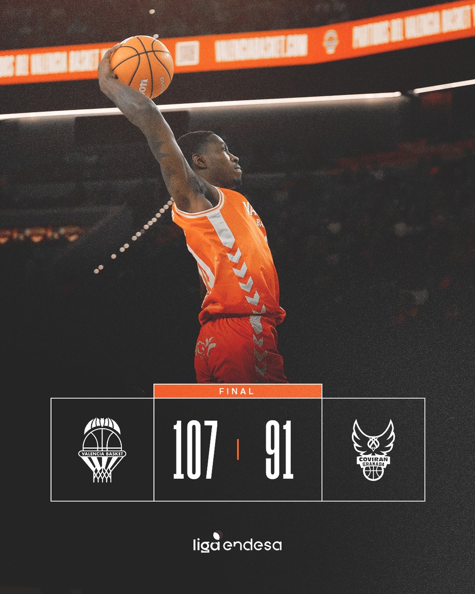 valenciabasket's tweet photo. VAMOOOOOOOOOOOS 🧡

¡Cerramos el domingo con victoria en casa! 🔥

🏆 J23 #LigaEndesa
🟠 @valenciabasket 107
🔴 @CoviranGranada 91
🤝 @caixapopular 

Este martes... ¡partidazo gordo de EuroLeague en casa ante Olympiacos! ¡Os esperamos, familia! 😍 https://t.co/qeWs1LvQga