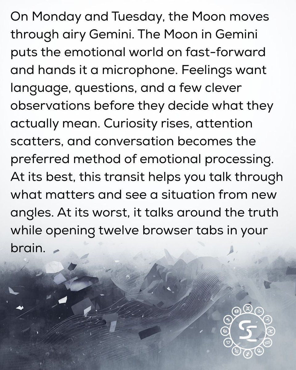 StormCestavani's tweet image. The Moon in Gemini arrives tomorrow, and feelings start talking faster than you can sort them. What do you expect this transit to stir up for you: clarity, chaos, or both?

#astrology #horoscopes #AriesSeason