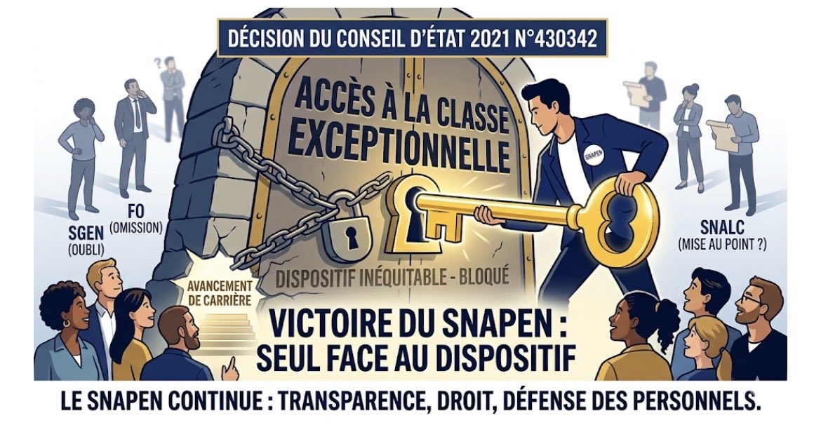 Classe exceptionnelle plus ouverte?

Merci le SNAPEN.

En 2021, le CE (décision n°430342) a retoqué le dispositif d’accès à la classe exceptionnelle.

📌 Cette victoire, c’est le SNAPEN, seul, qui l’a obtenue: 

Si l’accès est désormais plus juste et plus ouvert,
➡️ c’est grâce à