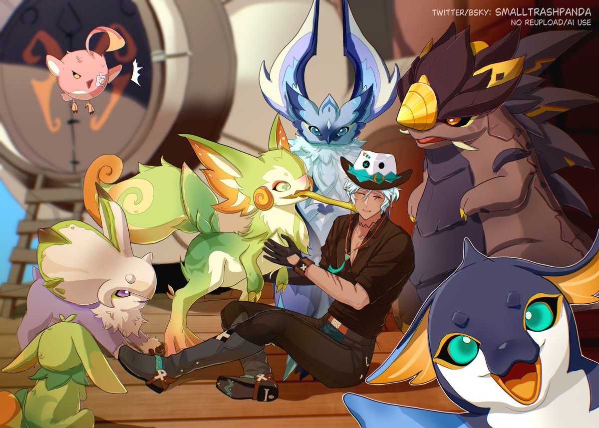 SmallTrashPanda's tweet image. Happy birthday to our favorite sauro-vet! 🎂🎉🎈 

I think this is the most complicated illustration I have ever done but I'm pretty happy with how it turned out 🩷

#ifa #genshinimpact