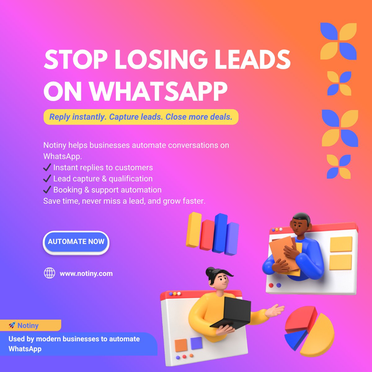 notinyai's tweet photo. Most businesses lose leads on WhatsApp simply because they can’t reply fast enough.

Notiny helps you reply instantly, capture leads, and close more deals — automatically.

👉 https://t.co/ykN7rvm5q3 https://t.co/2xtqDfTUrO