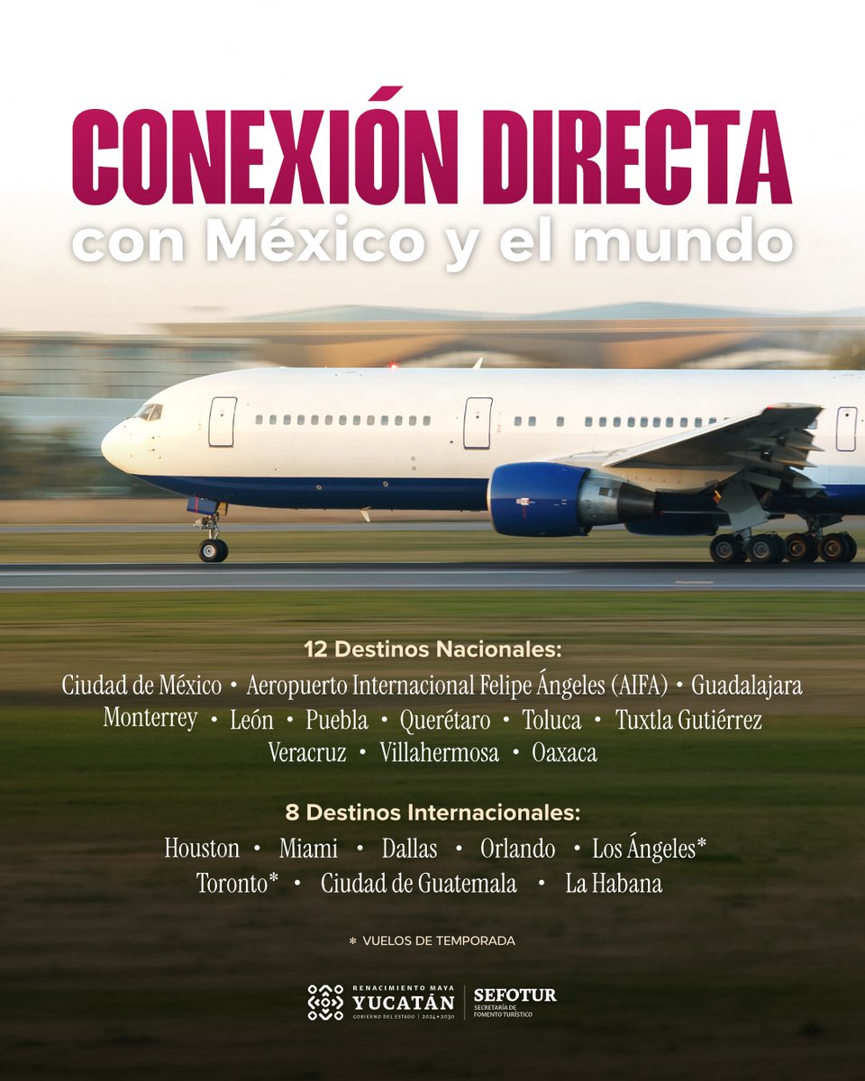 En #Yucatán seguimos fortaleciendo nuestra conectividad aérea con México y el mundo. ✈️🌎

Hoy contamos con vuelos directos a 12 destinos nacionales y 8 internacionales, consolidándonos como un punto estratégico para el turismo, los negocios y la inversión.