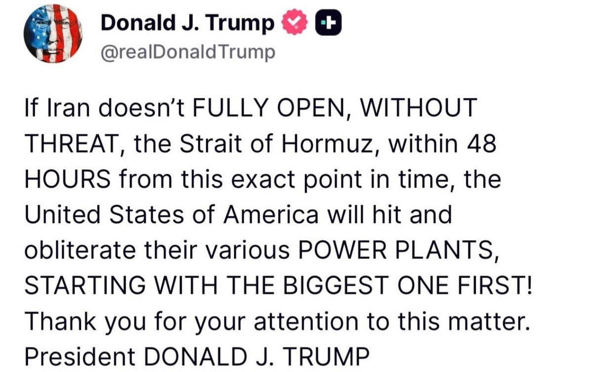 Crypto_donji's tweet photo. 🚨 BREAKING 🚨
Donald J. Trump issues a 48-hour WARNING to Iran over Strait of Hormuz ⚠️
अगर रास्ता block हुआ तो क्या होगा next?
💥 Oil prices
📉 Crypto
📊 Stock Market
👉 World War vibes or सिर्फ pressure tactic?
आप क्या सोचते हो? 🤔👇#BreakingNews #Iran #Trump #WorldNews https://t.co/gUQJD4f8NR