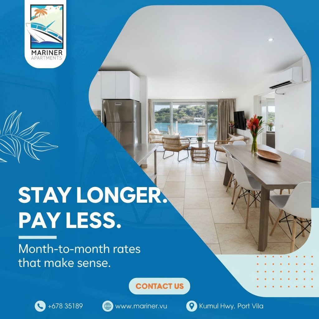vanuatu_rental's tweet photo. Stay longer. Pay less.

Month-to-month rates that make sense.

Book direct with code RELAX15 for 15% off. Best price guarantee—if you find a better rate, we'll beat it by 5%.

#MarinerApartments #PortVila #Vanuatu #LongStay #MonthlyRentals #RelocationReady #ContractorLife #Affo… https://t.co/h3MUjDV5Uf