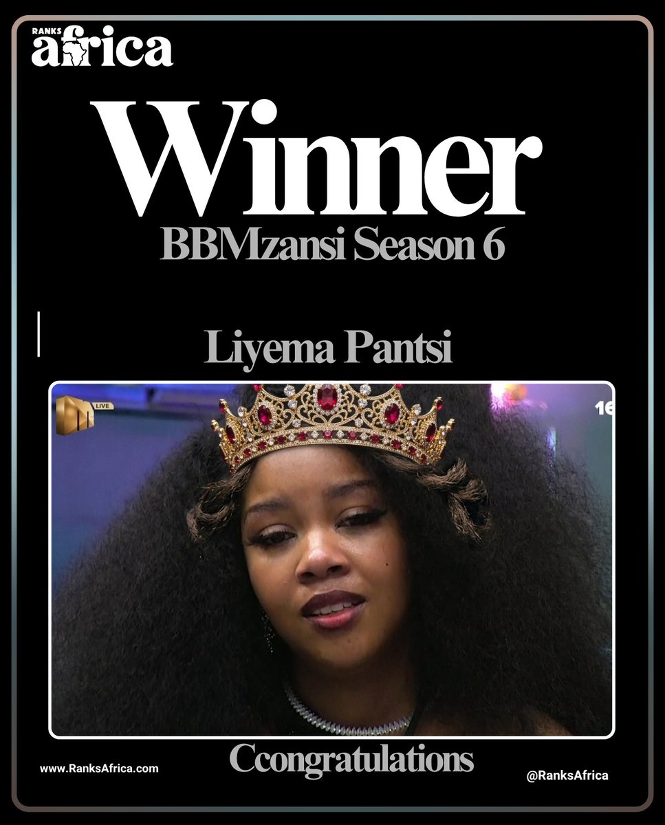 Congratulations, Liyema Pantsi! 👑

Winner of BBMzansi Season 6 — and what a well-deserved victory! 

From Day One, you proved you were built for this — consistent, focused, and always serving content with no breaks. 💯

You played the game like a true hustler, stayed real, and