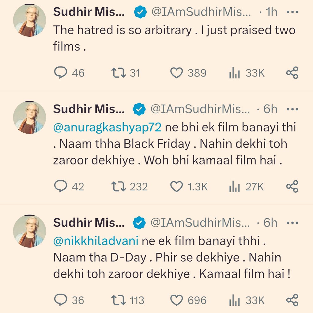 Twitter is a funny, people are saying Sudhir Mishra has no idea about films

Do yourself a favour, go and watch only two movies of him.

1. Yeh Saali Zindagi 
2. Hazaaron Khwahishen aisi

I bet you will come back and write 500 words apology post to him.