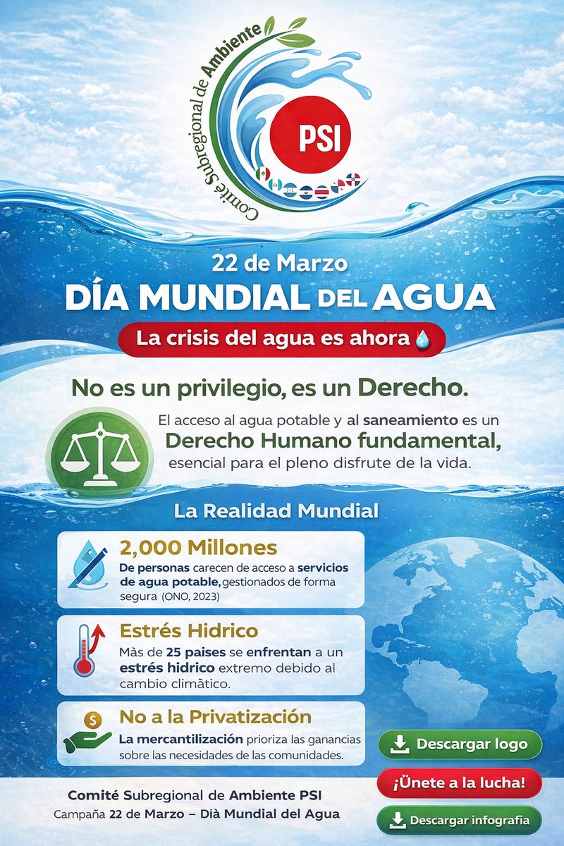 CSAmbientePSI's tweet photo. ¡El agua no se vende, se defiende! 💧✊ En este #DíaMundialDel Agua, el Comité Regional de Ambiente de la PSI alza la voz: el acceso al vital líquido es un DERECHO, no un negocio. ¡Gestión pública ya! 🚫💰 #AguaEsVida #JusticiaAmbiental #PSI #NoALaPrivatización https://t.co/o5Z0OBbTFa