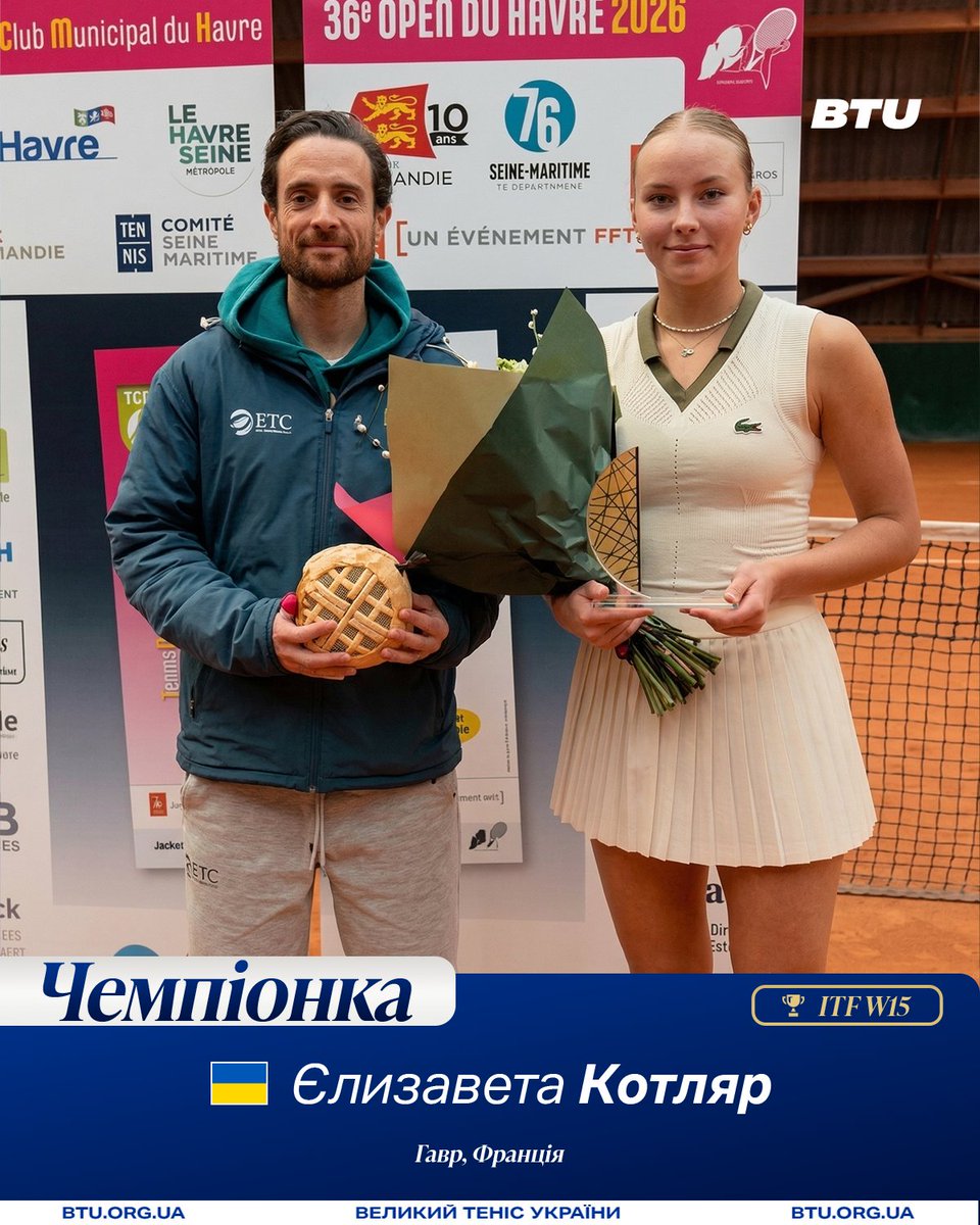 🏆🇺🇦Єлизавета Котляр виграла титул на турнірі ITF у Гаврі 

У фіналі змагань категорії W15 українка, посіяна під першим номером, перемогла "кваліфаєрку" 🇫🇷Ніну Радованович із рахунком 6:3, 7:5.

19-річна Котляр вп'яте зіграла у фіналі турніру ITF та здобула третій трофей.