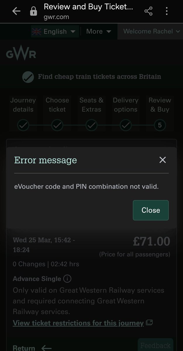 RackkShort's tweet photo. @GWRHelp Hi, I'm trying to use my free standard return ticket from my silver rewards and I keep getting an error message that the code and pin combination are invalid but I've copied and pasted them from the rewards. Have tried both the website and the app. Any advise please? https://t.co/XhkYygJY0o