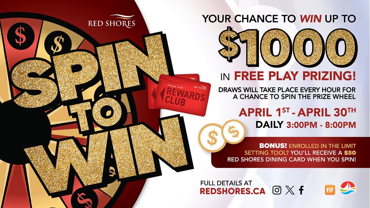 Red_Shores's tweet photo. Are you ready to SPIN TO WIN?  🎰💰
Join us at Red Shores for your chance to WIN up to $1,000 in FREE PLAY!

📅 April 1st – April 30th
Don’t miss out

19+ https://t.co/CgBNFrYX4y
